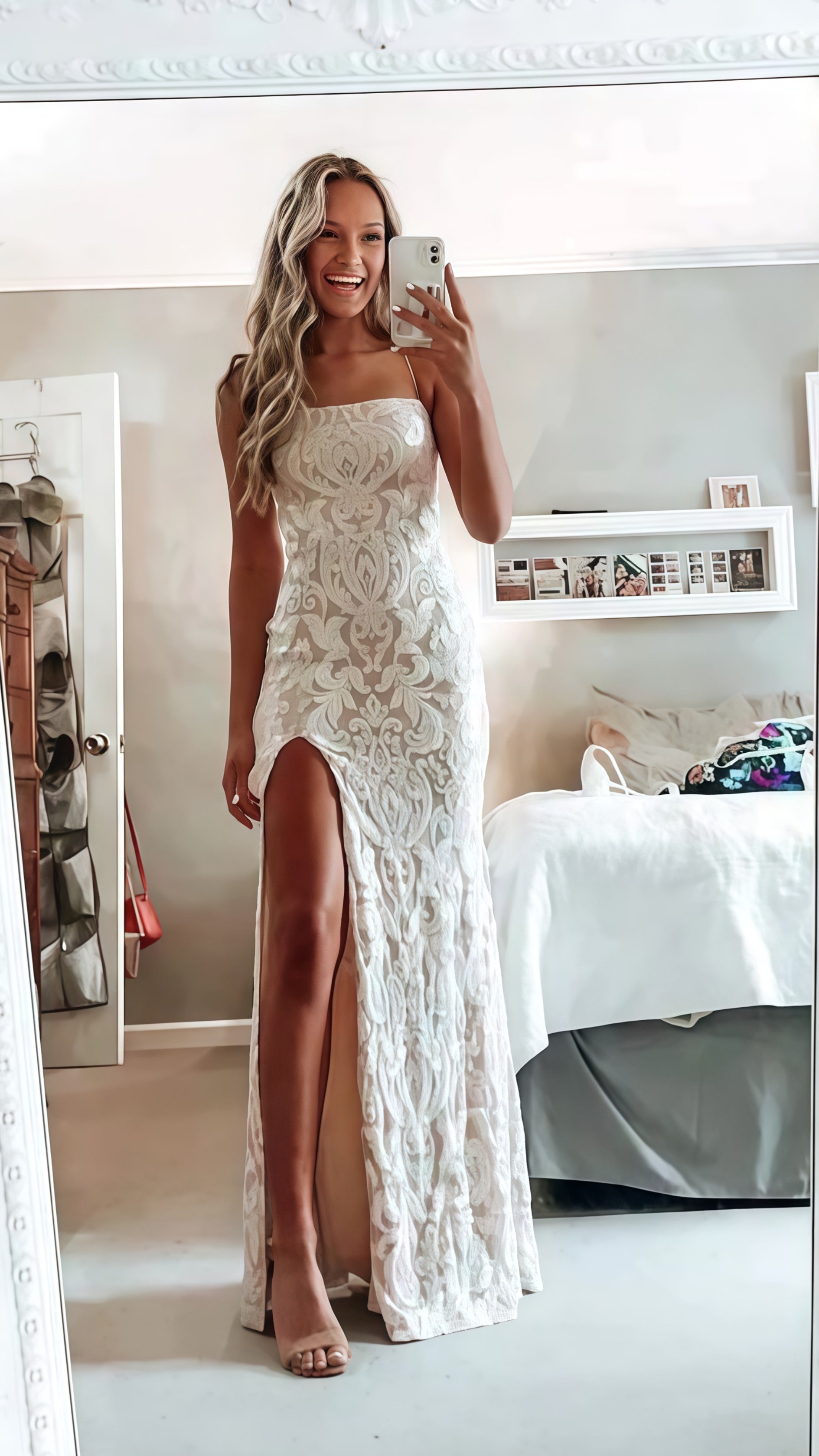 LTP1348,Simple white prom dress, modest slit evening dresses, lace