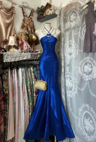Vintage Blue Mermaid Long Prom Dresses Beaded Satin Evening Dresses Birthday Dresses,LTP4476