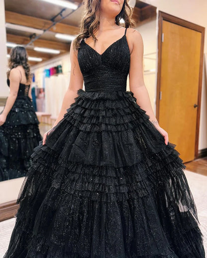 Discount Spaghetti Straps Tulle Preppy Prom Dress, Black Prom Dress Long