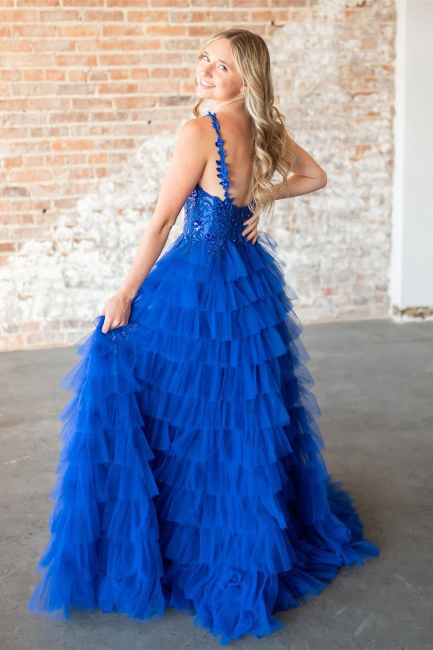 V-Neck Ruffles Sleeveless Tulle Long Formal Prom Dress