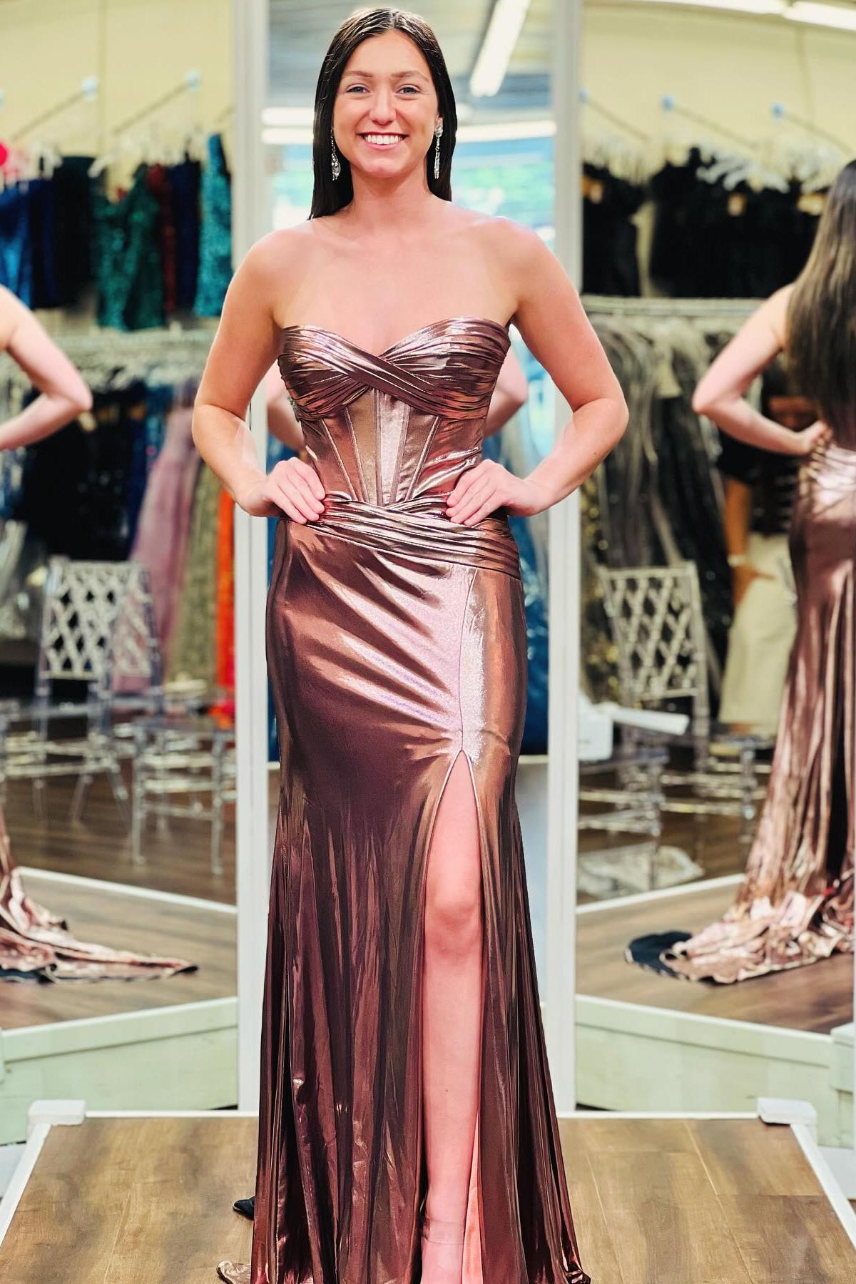Keyhole Purple Metallic Ruched Long Formal Dress
