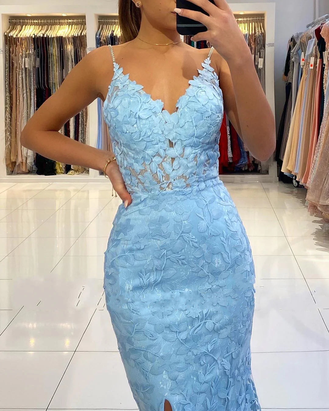 Sky Blue Applique Mermaid Long Prom Dress