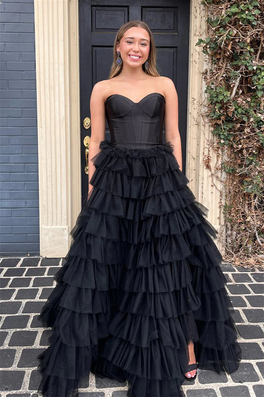 Sleeveless Black Ruffles A-Line Formal Prom Dress