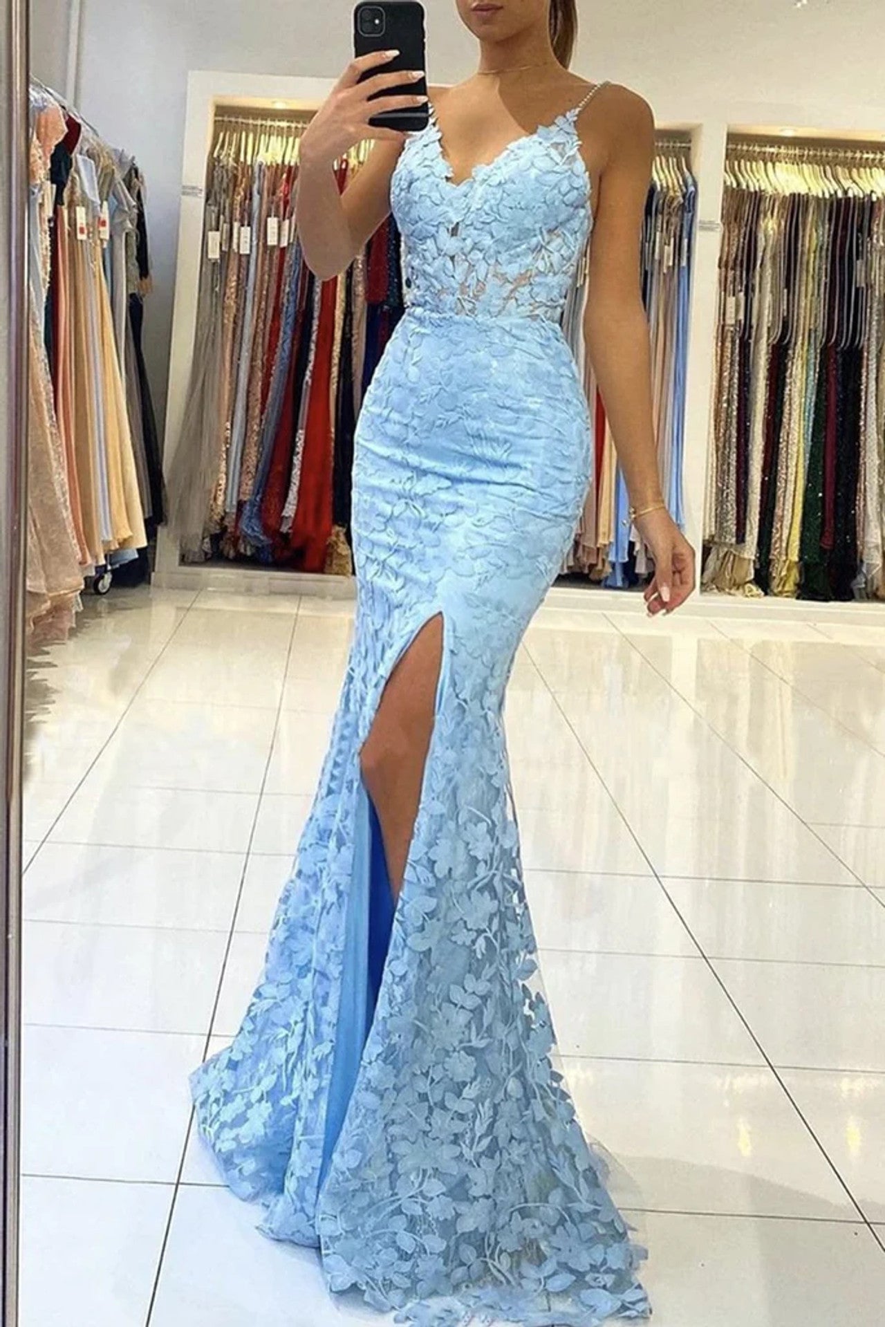 Sky Blue Applique Mermaid Long Prom Dress