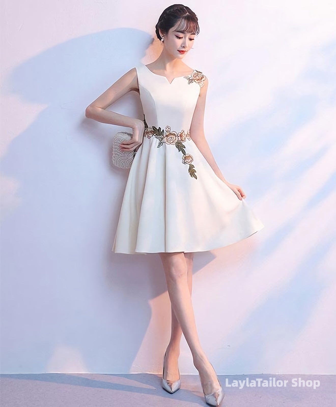 Simple White Satin Applique Short Prom Dress Cute Homecoming Dress