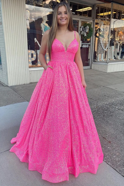 Sparkle Pink Sequins Prom Dresses Evening Ball Gown