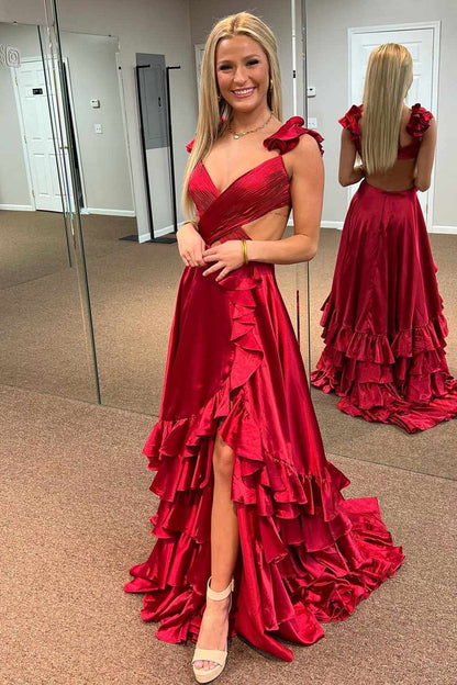 Sexy Cross Top Ruffles Prom Dresses With Slit