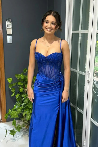 Gorgeous Mermaid Spaghetti Straps Silver Glitter Prom Dress with Split Slit