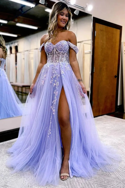 Lilac Long Prom Dress with Slit A-Line Off the Shoulder Formal Party Dress