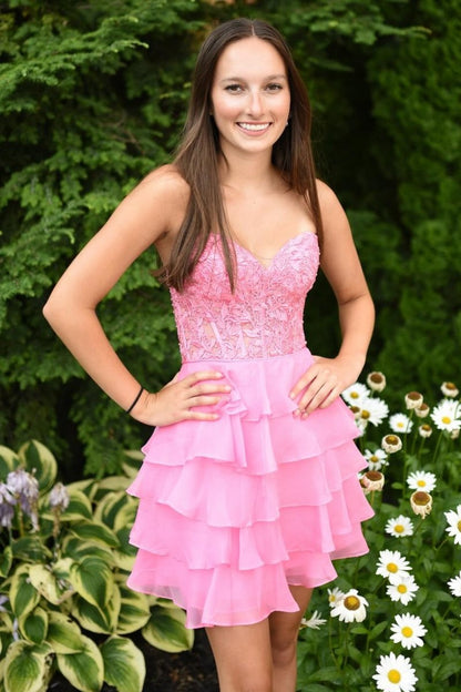A-Line Strapless Tiered Corset Short Homecoming Dress with Appliques