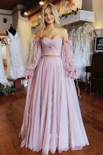 Light Pink Tulle Applique Prom Dress