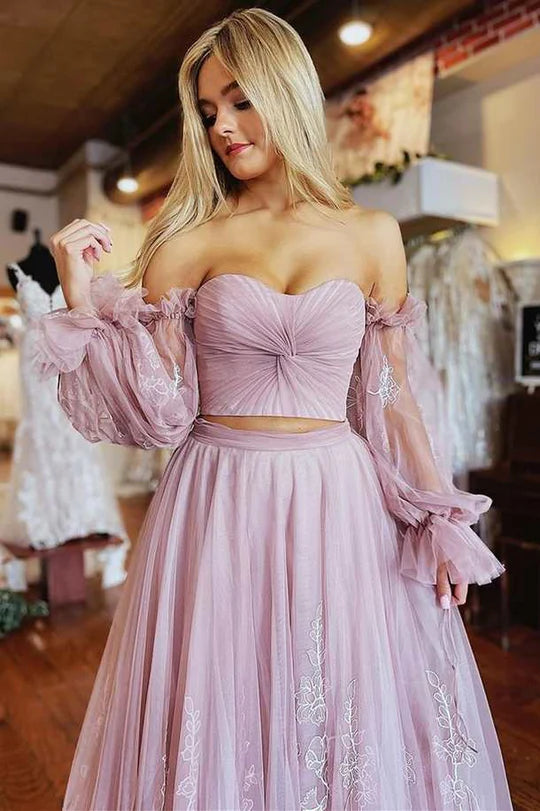 Light Pink Tulle Applique Prom Dress