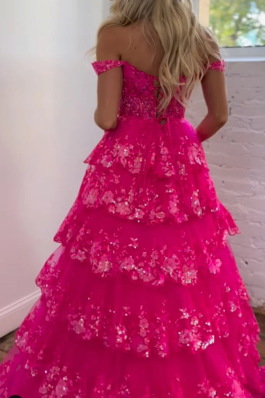 Princess Ball Gown Hot Pink Off the Shoulder Long Prom Dress