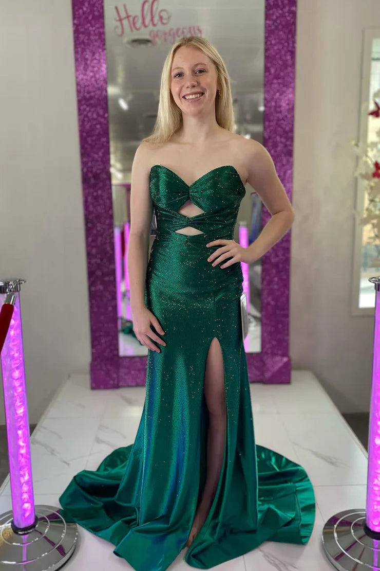 Sparkly Mermaid Sweetheart Hot Pink Satin Long Prom Dresses with Hot Stone Beading