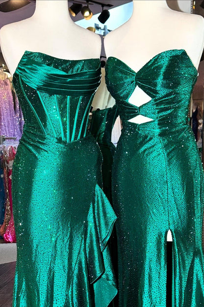 Sparkly Orange Mermaid Prom Dress with Strapless Bodice Lace Up Closure and Beaded Slit