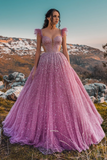 LTP1848,Princess Pink Beaded A-Line Tulle Long Prom Evening Dresses