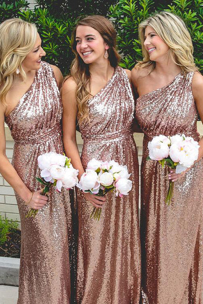 One Shoulder Rose Gold Sequins Long Bridesmaid Dress