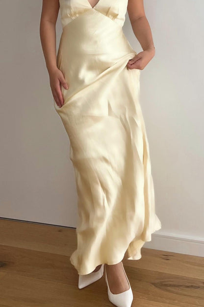 Empire V Neck Yellow Cowl Back Party Dress