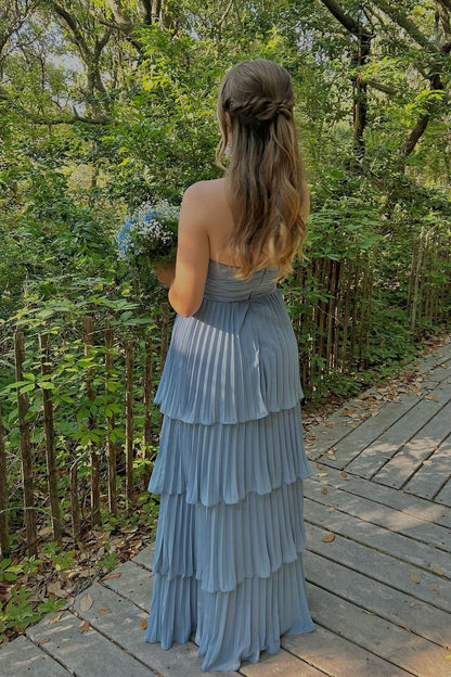 Strapless Pink Chiffon Pleated Tiered Maxi Dress