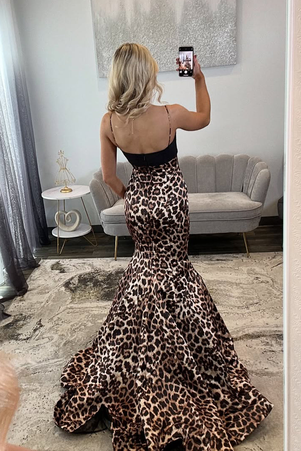 Mermaid V Neck Leopard Print Prom Dress with Bow