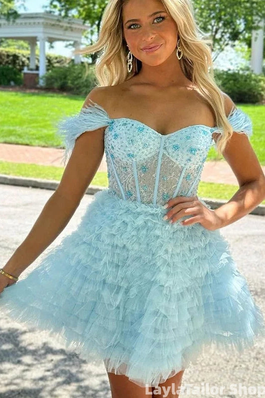 Gorgeous Blue Off The Shoulder A-line Tiered Feather Tulle Homecoming Dress