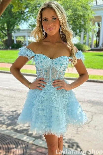 Gorgeous Blue Off The Shoulder A-line Tiered Feather Tulle Homecoming Dress