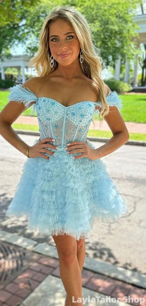 Gorgeous Blue Off The Shoulder A-line Tiered Feather Tulle Homecoming Dress