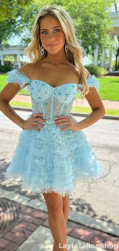 Gorgeous Blue Off The Shoulder A-line Tiered Feather Tulle Homecoming Dress