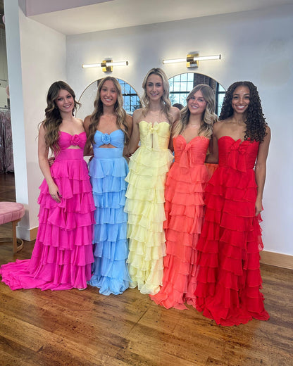Cute Yellow Sweetheart Zipper Back A-Line Tiered Chiffon Prom Dress with Let Slit