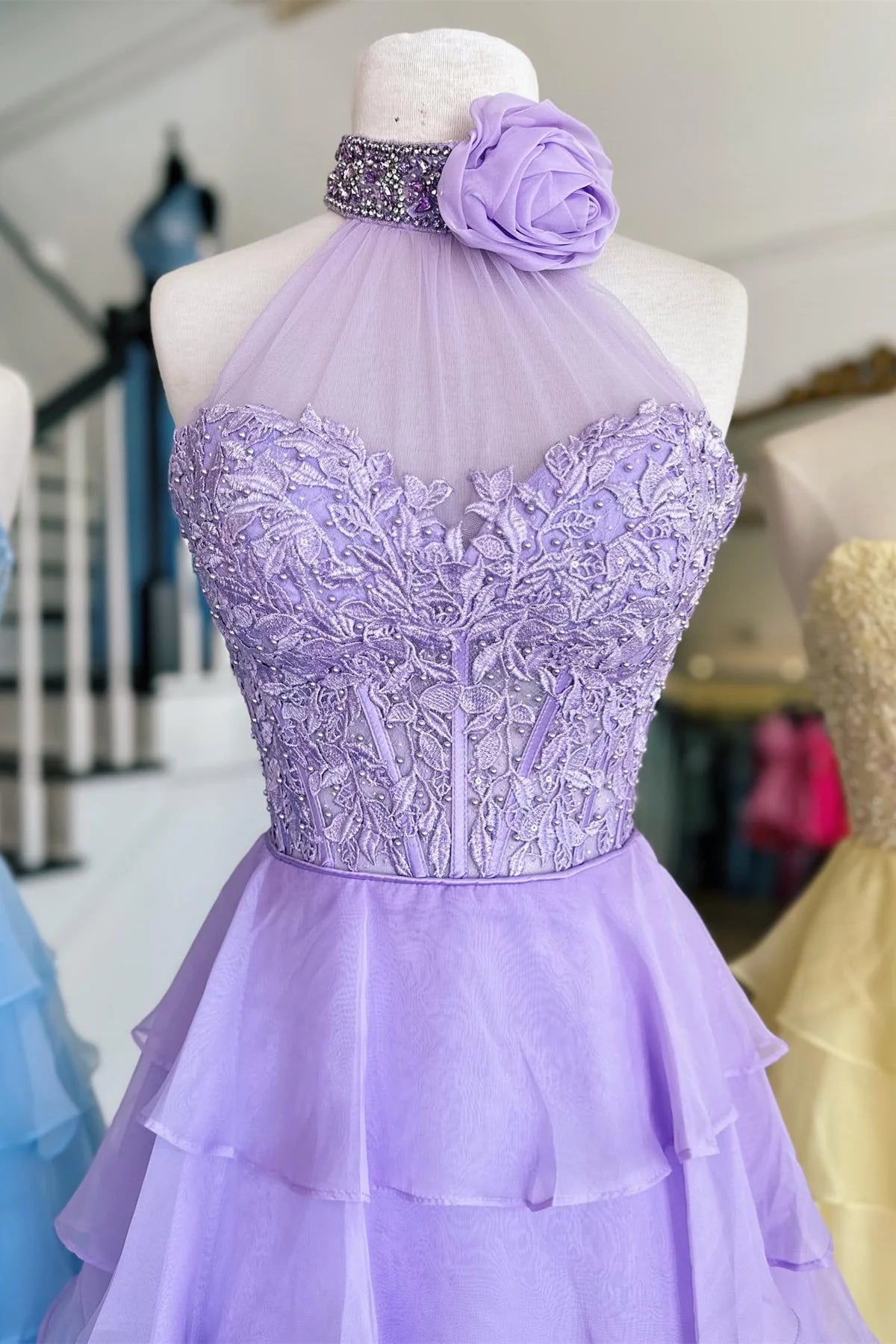 Illusion Applique Chiffon Ruffles Long Prom Dress