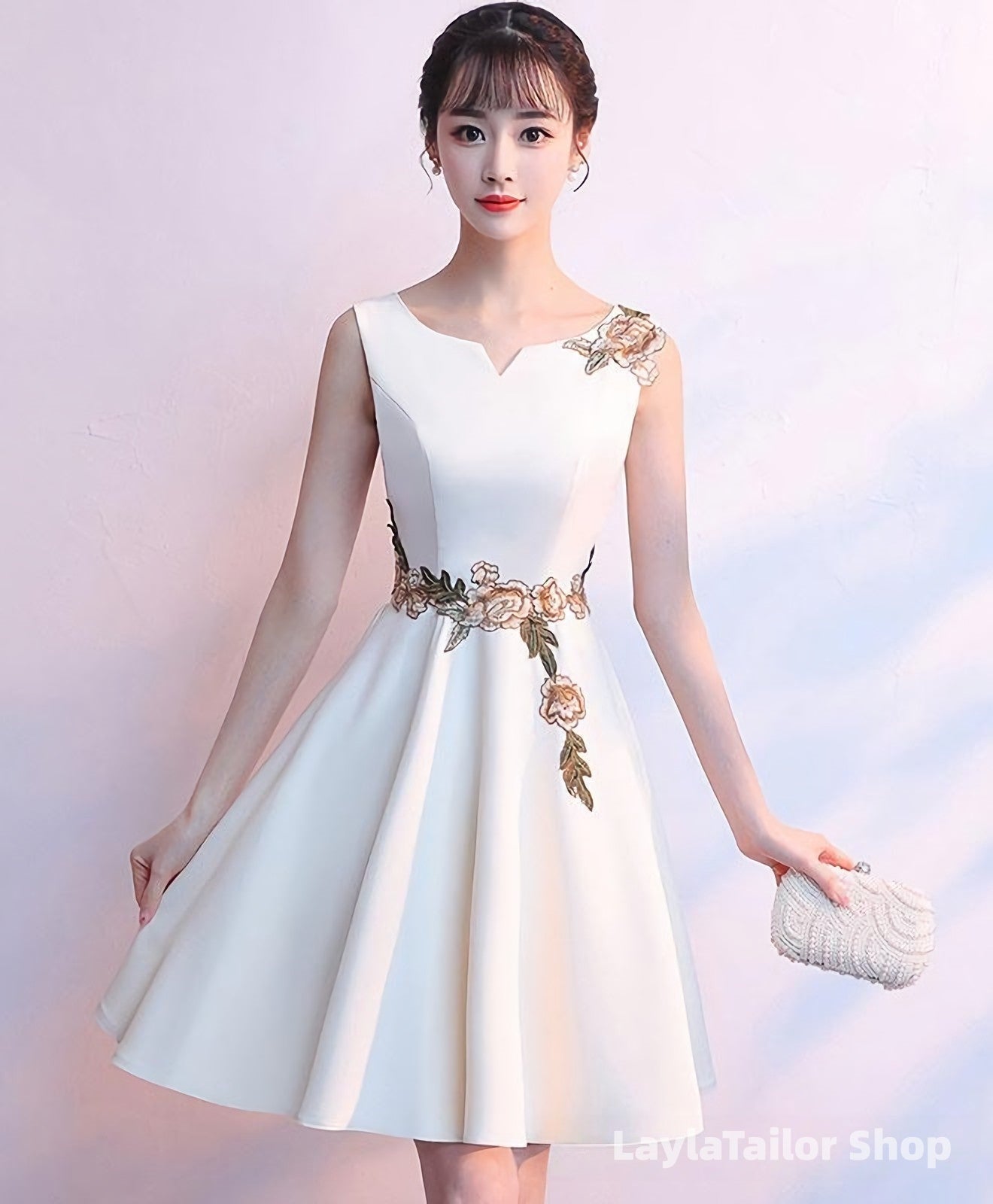 Simple White Satin Applique Short Prom Dress Cute Homecoming Dress