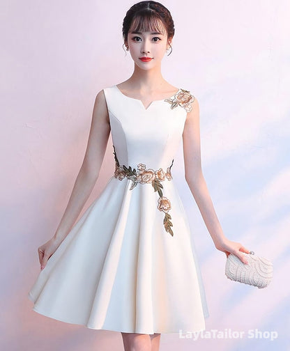 Simple White Satin Applique Short Prom Dress Cute Homecoming Dress