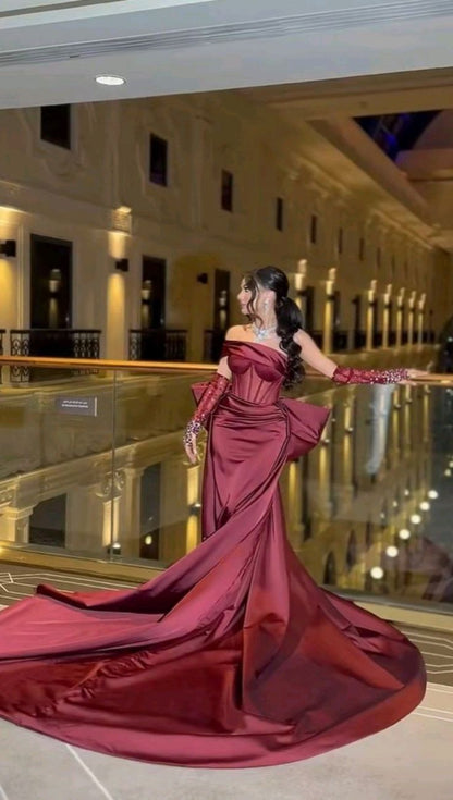 Burgundy One Shoulder Mermaid Bowknot Prom Dresses 2024
