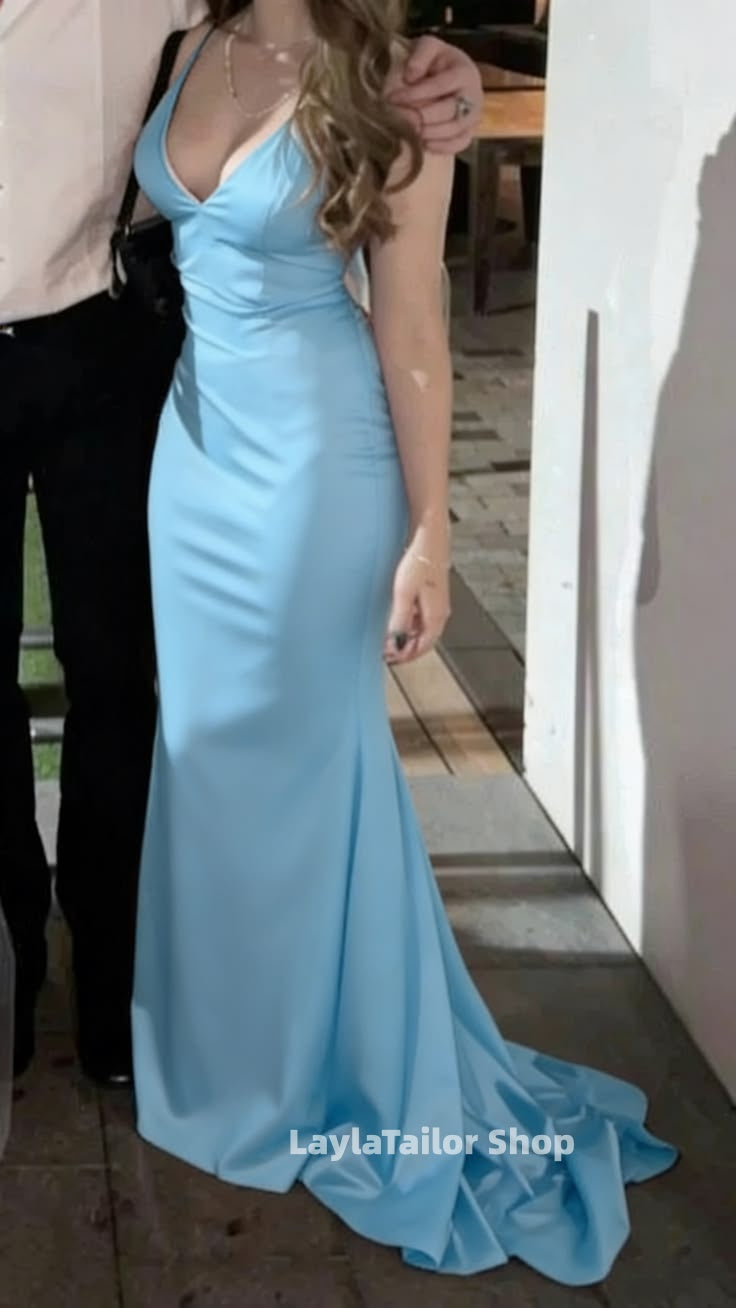 Chic Halter Mermaid Prom Dresses Long Satin V-Neck Evening Formal Dress,LTP4502