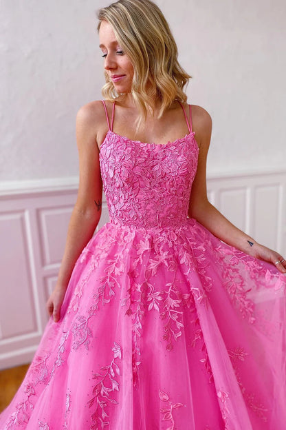 Spaghetti Straps A-Line Tulle Lace Prom Dresses