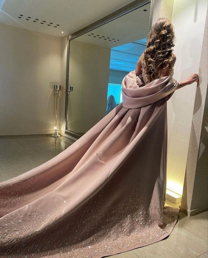 Luxury Champagne Beaded Sequins Bodycon Long Prom Dress With Pink Cloak