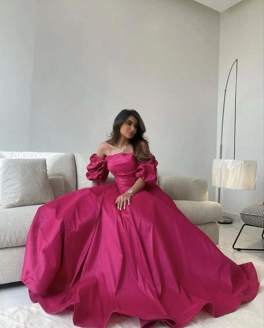 Fuchsia A-Line Satin Prom Dress, Hot Pink Bubble Sleeves Prom Dress Inspo