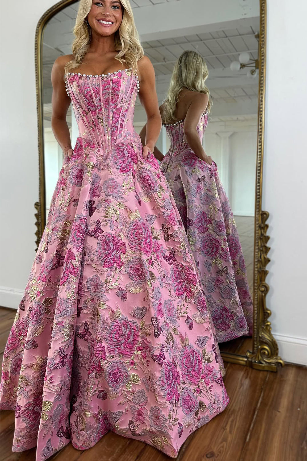Stunning A Line Scoop Neck Jacquard Satin Long Prom Dress with Pearls