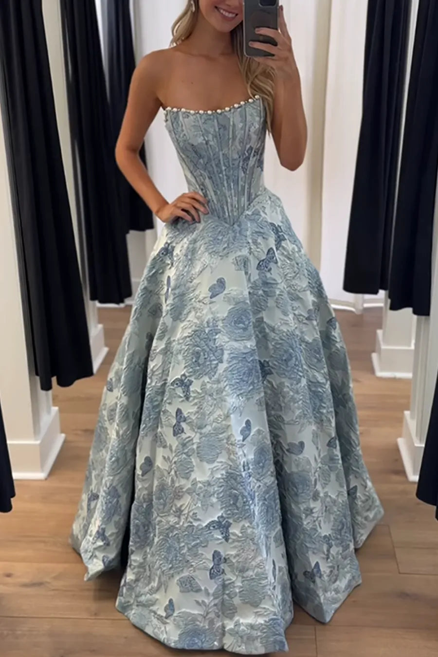 Cute A Line Scoop Neck Jacquard Satin Prom Dress with Pearls