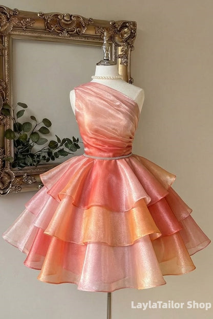 One Shoulder Pink A-Line Organza Homecoming Dress Short Birthday Dresses