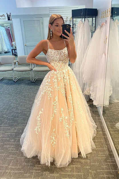 Spaghetti Straps A-Line Tulle Lace Prom Dresses