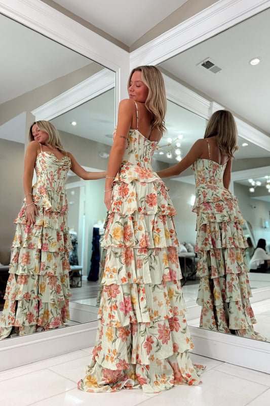 A Line Sweetheart Floral Chiffon Tiered Prom Dress with Slit