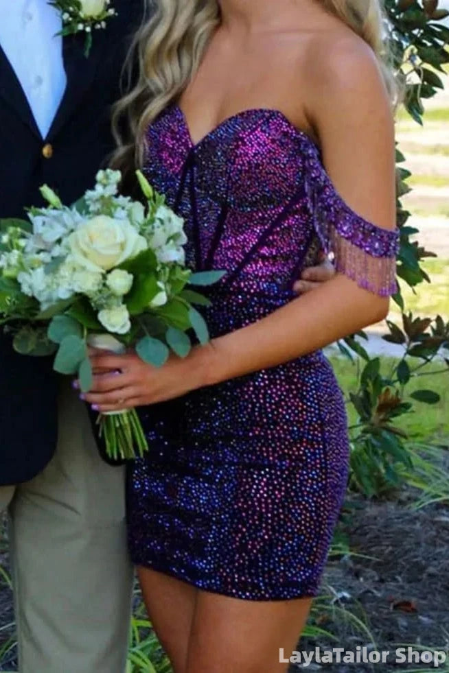 Sparkly Purple Rhinestones Off the Shoulder Short Homeocming Dress with Fringe