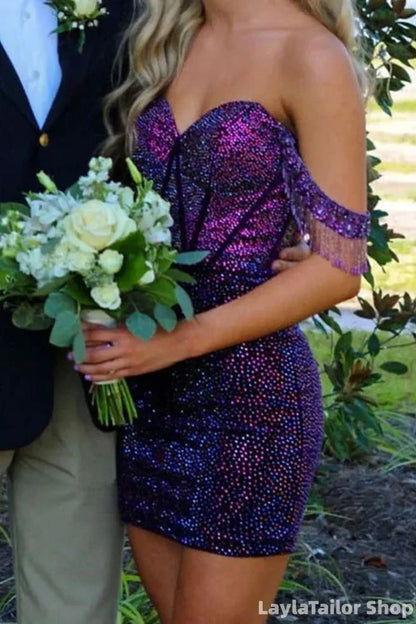 Sparkly Purple Rhinestones Off the Shoulder Short Homeocming Dress with Fringe