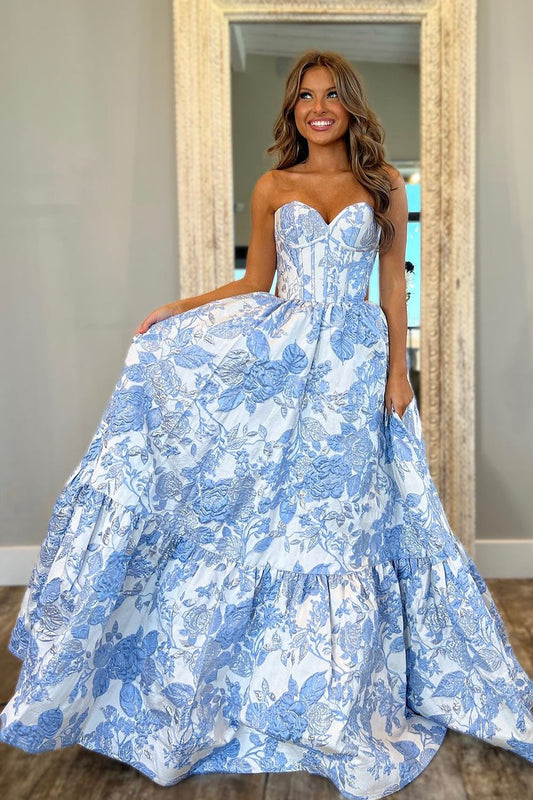 Gorgeous Ball Gown Sweetheart Light Blue Jacquard Satin Prom Dress