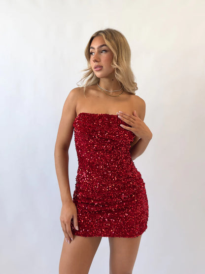 Strapless Red Homecoming Dresses, Sparkle Mini Dress Short Semi Dress