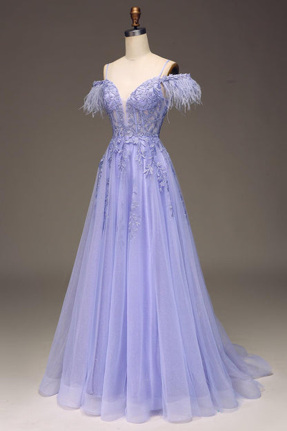 Straps Blue Sheer Appliques A-line Long Dress
