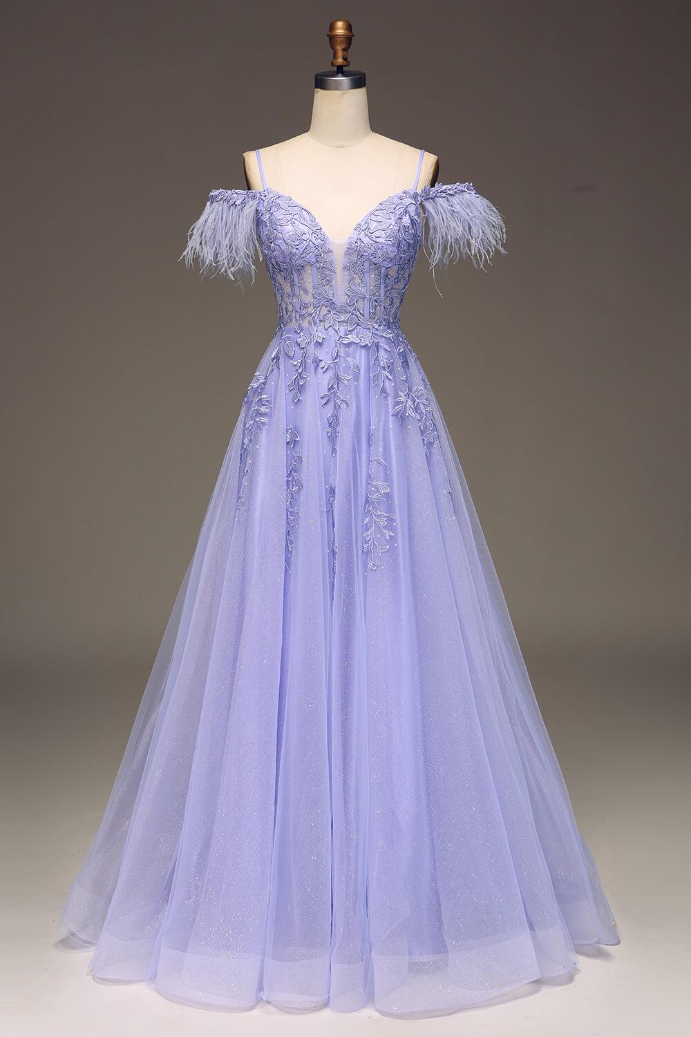 Straps Blue Sheer Appliques A-line Long Dress