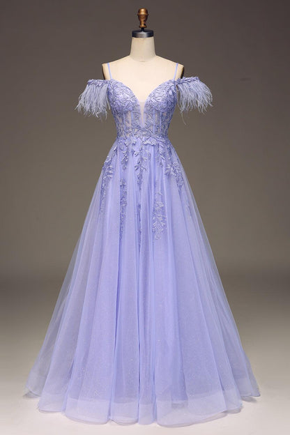 Straps Blue Sheer Appliques A-line Long Dress