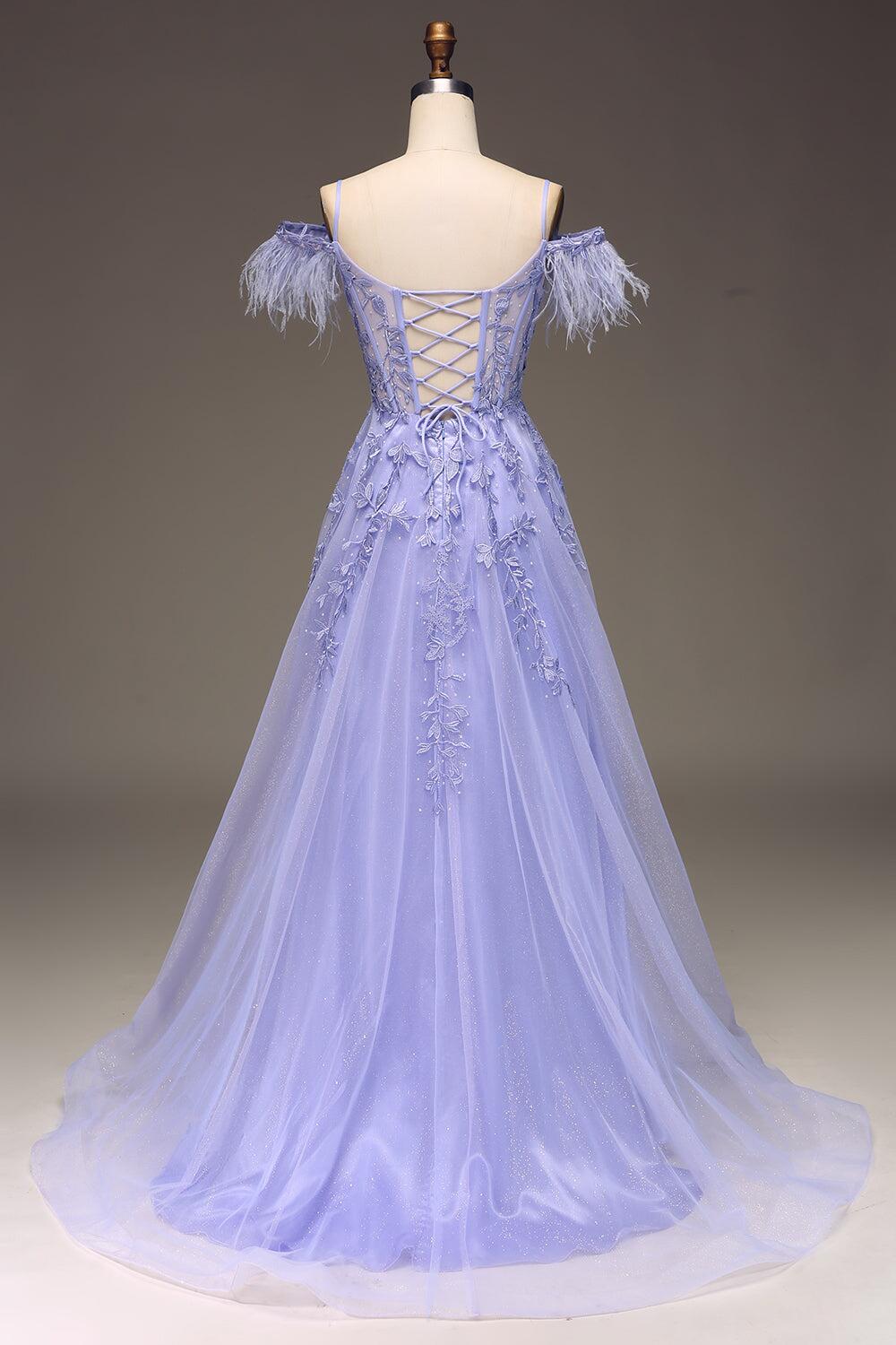 Straps Blue Sheer Appliques A-line Long Dress